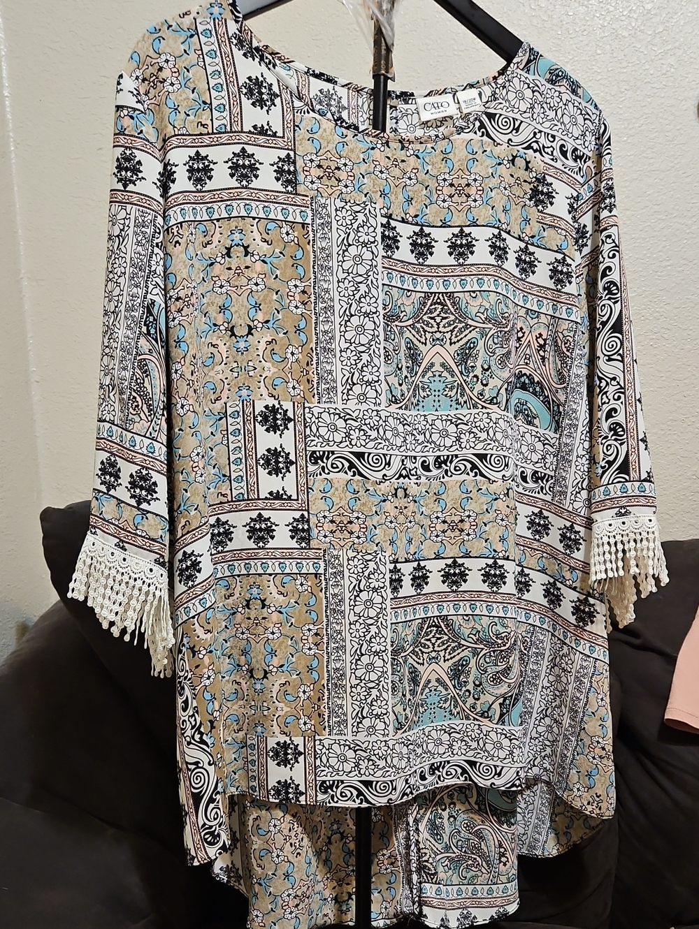 Cato Cream, Black & Teal Patchwork Paisley Tunic with Fringe Trim